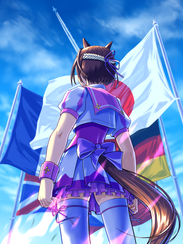 1girl, aircraft, airplane, animal_ears, blue_sky, bow, braid, brown_hair, clouds, commentary_request, contrail, from_behind, german_flag, hair_ribbon, half_up_braid, horse_ears, horse_girl, horse_tail, jacket, japan_cup, japanese_flag, multicolored_hair, outdoors, peeta, purple_ribbon, purple_vest, ribbon, short_hair, short_sleeves, skirt, sky, special_week_(special_dreamer)_(umamusume), special_week_(umamusume), tail, textless_version, thigh-highs, two-tone_hair, umamusume, union_jack, vest, white_hair, white_jacket, white_skirt, white_thighhighs, wristband
