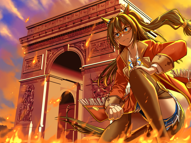 1girl, animal_ears, arc_de_triomphe, black_thighhighs, blue_eyes, blue_sky, breasts, brown_hair