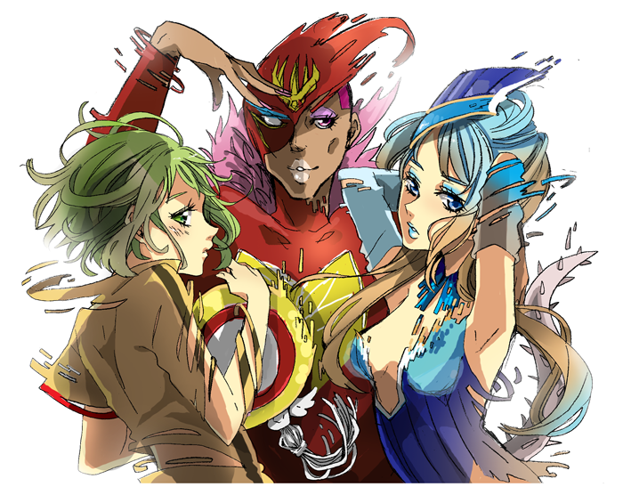 bad_id, bare_shoulders, blonde_hair, blue_eyes, blue_hair, blue_rose_(tiger_&amp;_bunny), breasts, bruce_lee's_jumpsuit