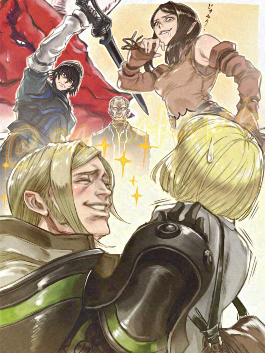 1girl, 4boys, ^_^, angel_(drag-on_dragoon), arioch_(drag-on_dragoon), bald, black_hair, blonde_hair
