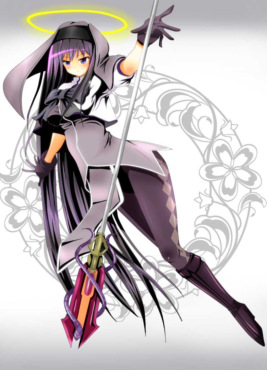 akemi_homura, alternate_costume, black_hair, bow, gloves, halo, highres, hood