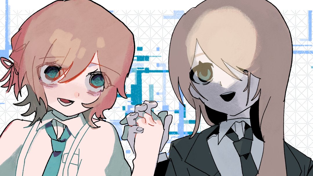 2girls, :d, bags_under_eyes, black_jacket, black_mouth, black_necktie, blonde_hair, blue_eyes, blue_necktie, brown_hair, collared_shirt, commentary_request, double-parted_bangs, eye_contact, eyes_visible_through_hair, fingernails, hair_between_eyes, hair_over_one_eye, hair_ribbon, half_updo, hand_up, holding_hands, interlocked_fingers, jacket, koufuku_kei_(vocaloid), layered_sleeves, lonepi, long_hair, long_sleeves, looking_at_another, looking_to_the_side, lower_teeth_only, multiple_girls, necktie, one_eye_covered, open_clothes, open_jacket, open_mouth, pale_skin, portrait, red_ribbon, ribbon, shirt, short_hair, simple_background, smile, suspenders, tareme, teeth, upper_teeth_only, vocaloid, white_background, white_shirt, white_suspenders