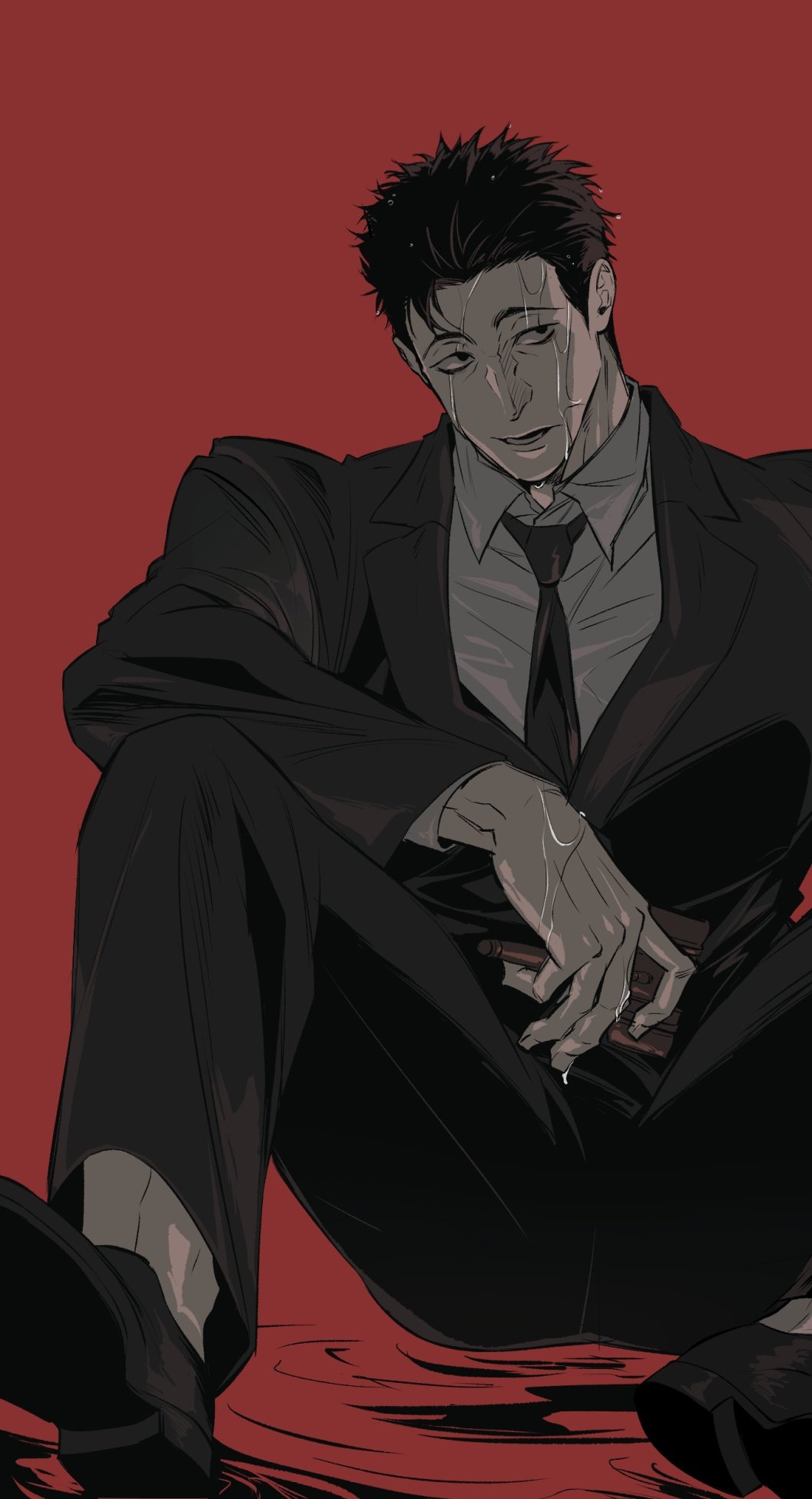 1boy, black_jacket, black_necktie, black_pants, black_shoes, black_suit, bong9qhdrn, collared_shirt