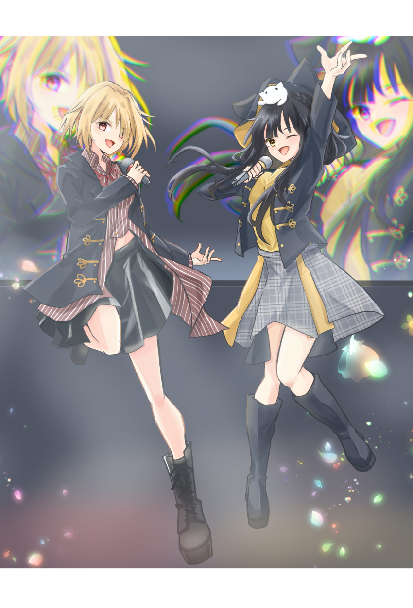 2girls, absurdres, arm_up, asakura_karen_(heaven_burns_red), black_hair, brown_hair, commentary_request, heaven_burns_red