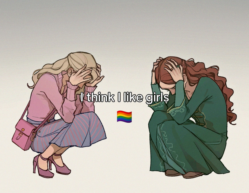 2girls, a_song_of_ice_and_fire, alicent_hightower, blonde_hair, blue_skirt, brown_hair, brown_shoes, commentary