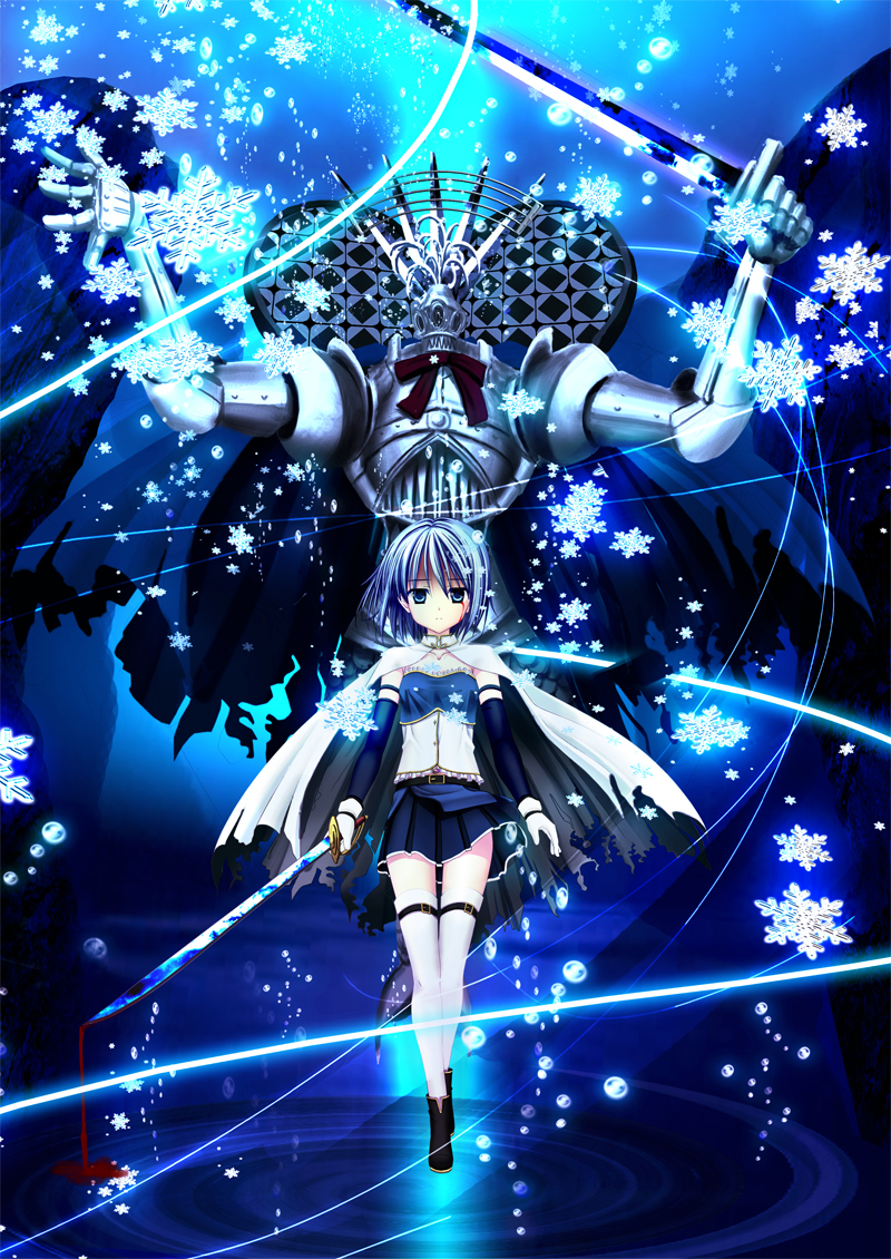 akitsuki_tsukasa, blood, blue_eyes, cape, gloves, mahou_shoujo_madoka_magica, miki_sayaka, monster_girl