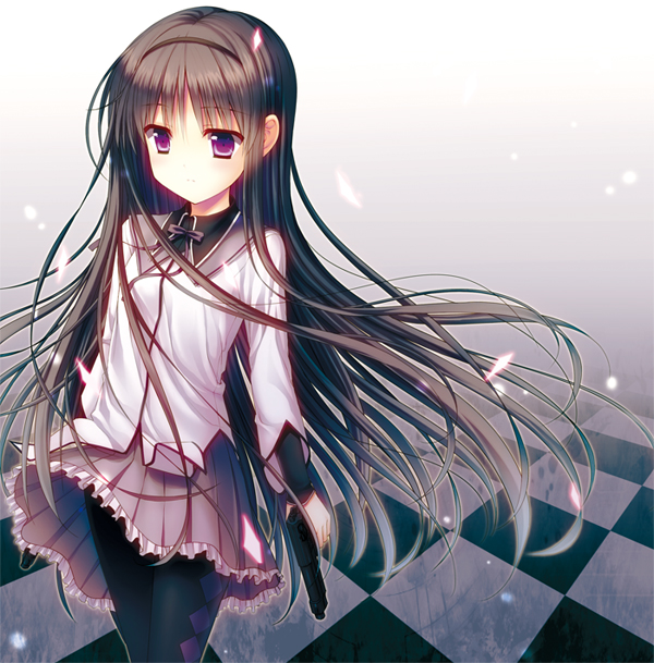 akemi_homura, akitsuki_tsukasa, black_hair, black_legwear, blush, checkered, checkered_floor, gun