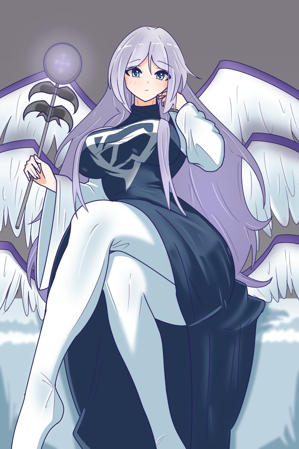 1girl, angel_wings, blue_dress, commentary, dress, english_commentary, feathered_wings, grey_eyes