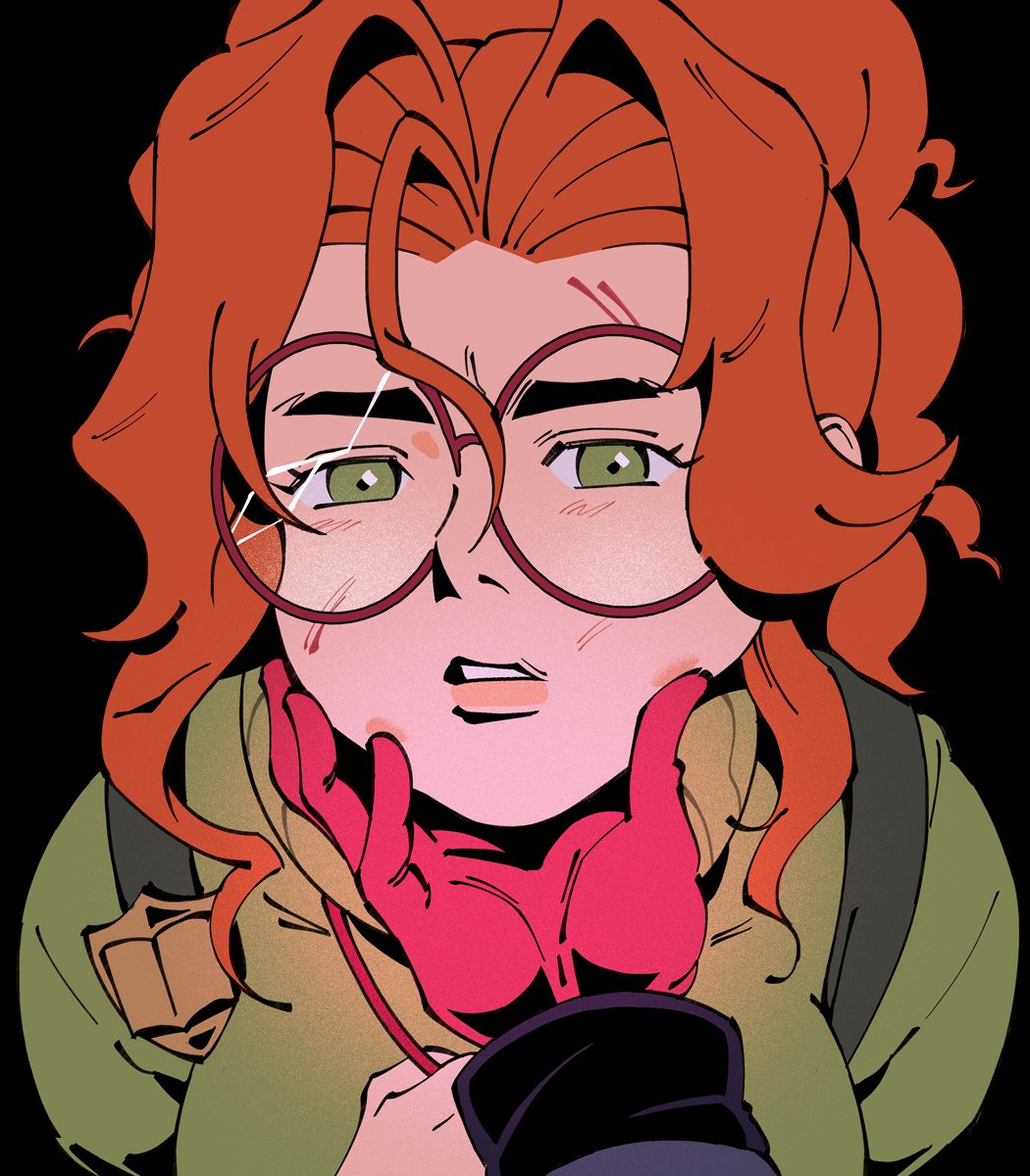 blush, broken_eyewear, close-up, commentary, cuts, deadlock_(game), english_commentary, green_eyes, green_sweater, highres, injury, looking_at_viewer, looking_up, officeanomaly, orange_hair, paige_(deadlock), pov, pov_hands, red-framed_eyewear, round_eyewear, simple_background, sweater, turtleneck, turtleneck_sweater
