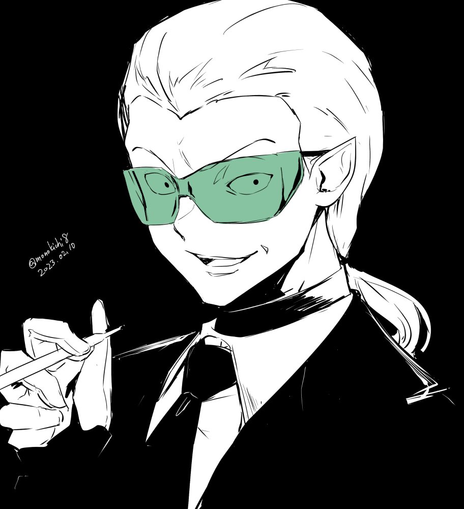 1boy, commentary_request, dated, gloves, greyscale, kichihachi, kyouji_mujo, looking_at_viewer, male_focus, monochrome, open_mouth, pointy_ears, scryed, simple_background, smile, solo, spot_color, suit, sunglasses