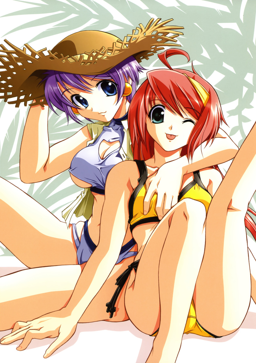 2girls, ;p, absurdres, ahoge, bikini, blue_eyes, breasts, earrings