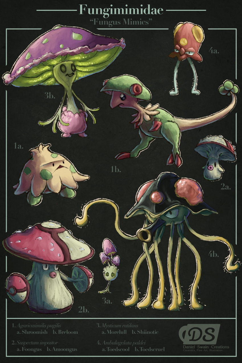 amoonguss, breloom, character_name, foongus, full_body, green_background, highres, morelull