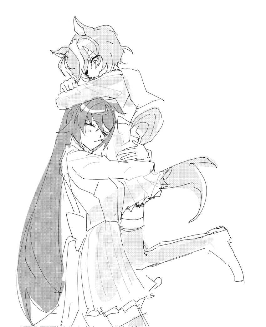 2girls, =_=, animal_ears, arms_around_waist, astronghouse, back_bow, blush, bow