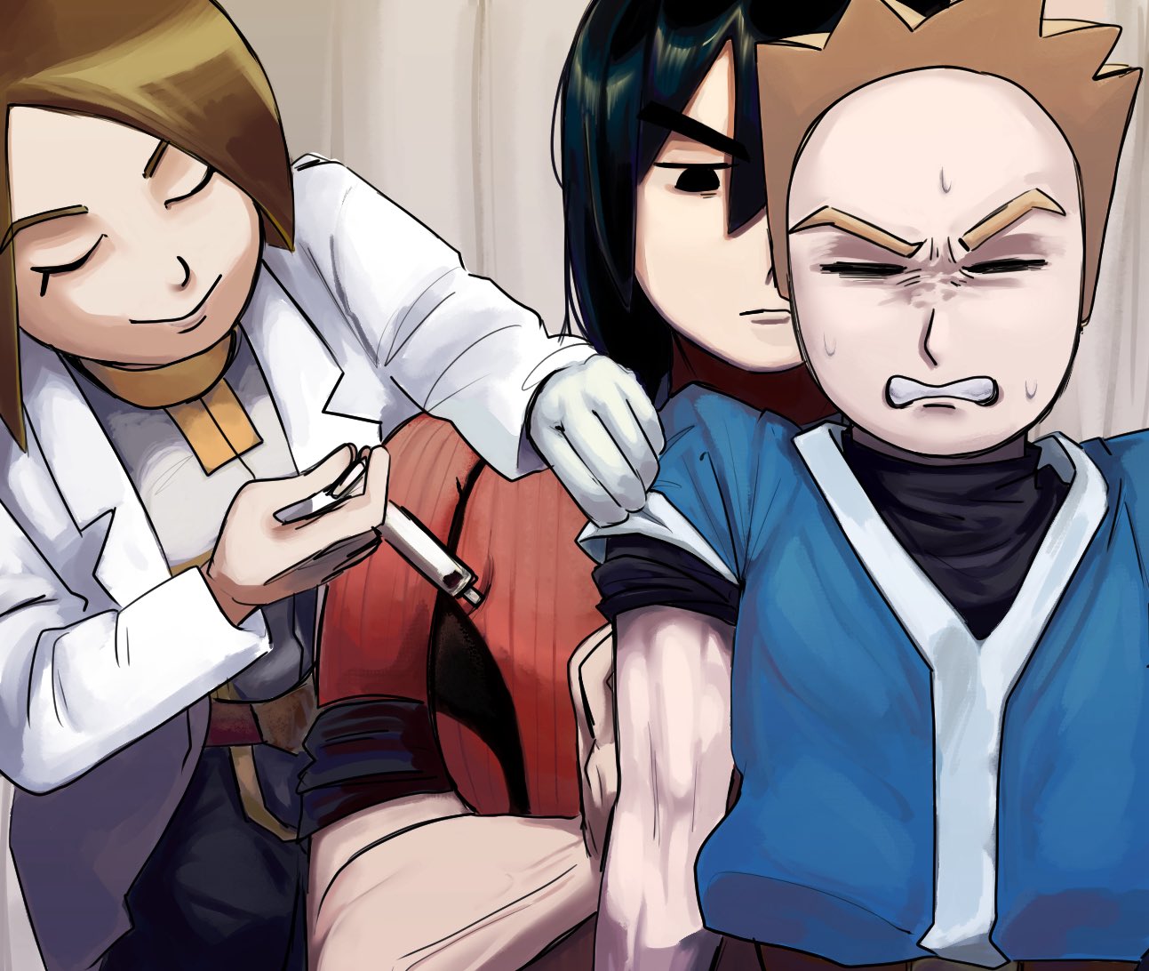 >_<, 1girl, 2boys, bald, black_eyes, black_hair, blonde_hair, bob_cut, bodysuit, boob_injection_(meme), brown_hair, clenched_teeth, closed_eyes, closed_mouth, commentary_request, crossed_arms, failure, furrowed_brow, gloves, grimace, hair_between_eyes, helmet, holding, holding_syringe, imotyo_79, inconvenient_breasts, jumpsuit, lab_coat, leaning_forward, long_hair, major_injury_underreaction, meme, mii_(nintendo), mii_brawler, mii_brawler_(smash_ultimate), mii_gunner, mii_gunner_(smash_ultimate), mii_swordfighter, mii_swordfighter_(smash_ultimate), multiple_boys, multiple_girls, muscular, nintendo, photo-referenced, robe, shirt, short_hair, single_glove, sleeve_rolled_up, smile, spiky_hair, super_smash_bros., sweat, sweatdrop, syringe, teeth, thick_eyebrows, u_u, unamused, veins, white_gloves, white_robe