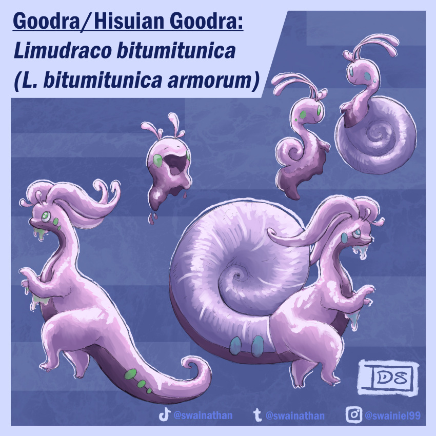 absurdres, animal_focus, border, character_name, closed_eyes, closed_mouth, commentary, english_commentary, full_body, goodra, goomy, green_eyes, grey_eyes, highres, hisuian_goodra, hisuian_sliggoo, instagram_logo, instagram_username, no_humans, open_mouth, pokemon, pokemon_(creature), pokemon_focus, shell, sliggoo, slime_(substance), smile, swainathan, tiktok_logo, tiktok_username, tumblr_logo, tumblr_username