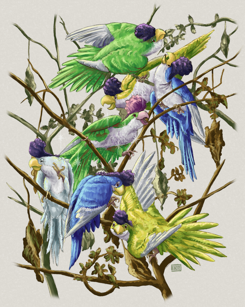 alternate_color, animal_focus, bird, commentary, english_commentary, fine_art_parody, grey_background, highres, in_tree, leaf, no_humans, parody, pokemon, pokemon_(creature), pokemon_focus, shiny_and_normal, shiny_pokemon, simple_background, squawkabilly, squawkabilly_(blue), squawkabilly_(green), squawkabilly_(white), squawkabilly_(yellow), swainathan, tree