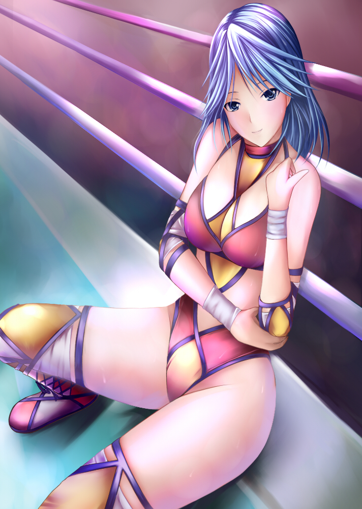 bad_aspect_ratio, blue_eyes, boots, detached_sleeves, leotard, nanacy7, ogawa_hikaru, short_hair