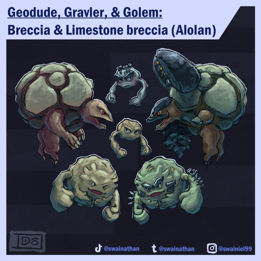 alolan_geodude, alolan_golem, alolan_graveler, border, character_name, closed_mouth, commentary, english_commentary