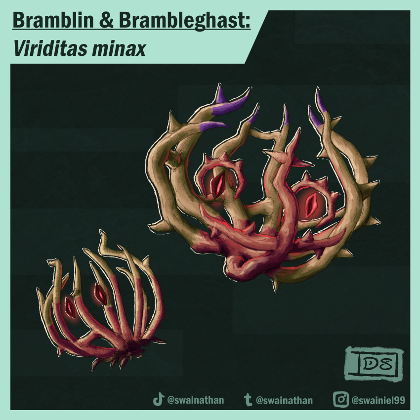 absurdres, border, brambleghast, bramblin, character_name, commentary, english_commentary, evolutionary_line, full_body, highres, instagram_logo, instagram_username, no_humans, pokemon, pokemon_(creature), pokemon_focus, swainathan, thorns, tiktok_logo, tiktok_username, tumblr_logo, tumblr_username