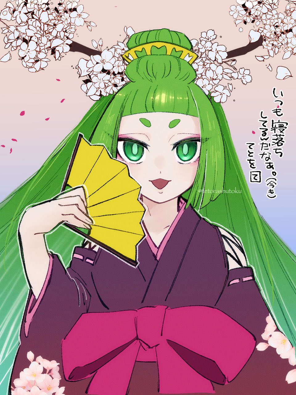 1girl, artist_name, commentary_request, green_eyes, green_hair, hand_fan, highres, japanese_clothes