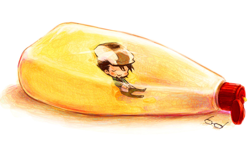 :3, blush, brown_eyes, brown_hair, cabbie_hat, chibi, eating, facial_hair