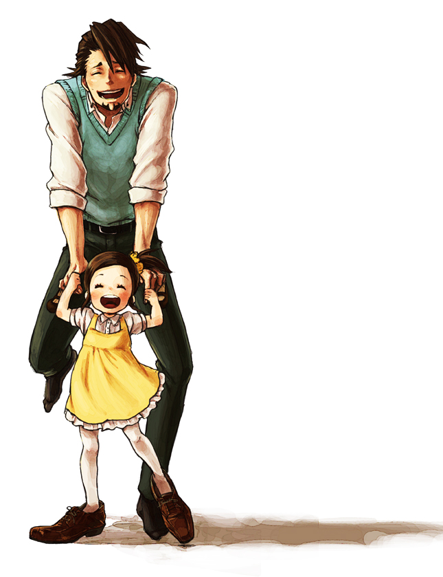 age_difference, brown_hair, child, closed_eyes, dancing, dress, eyes_closed, facial_hair