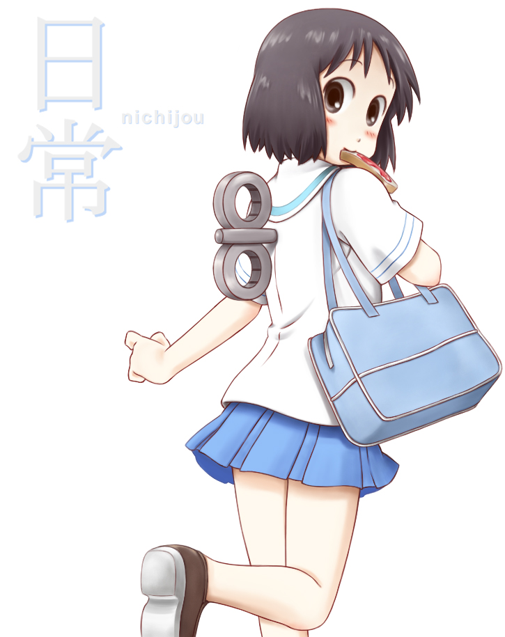 black_eyes, kazeiro, looking_back, mouth_hold, nichijou, school_uniform, shinonome_nano, short_hair, solo, takamura_kouji, toast, toast_in_mouth, winding_key