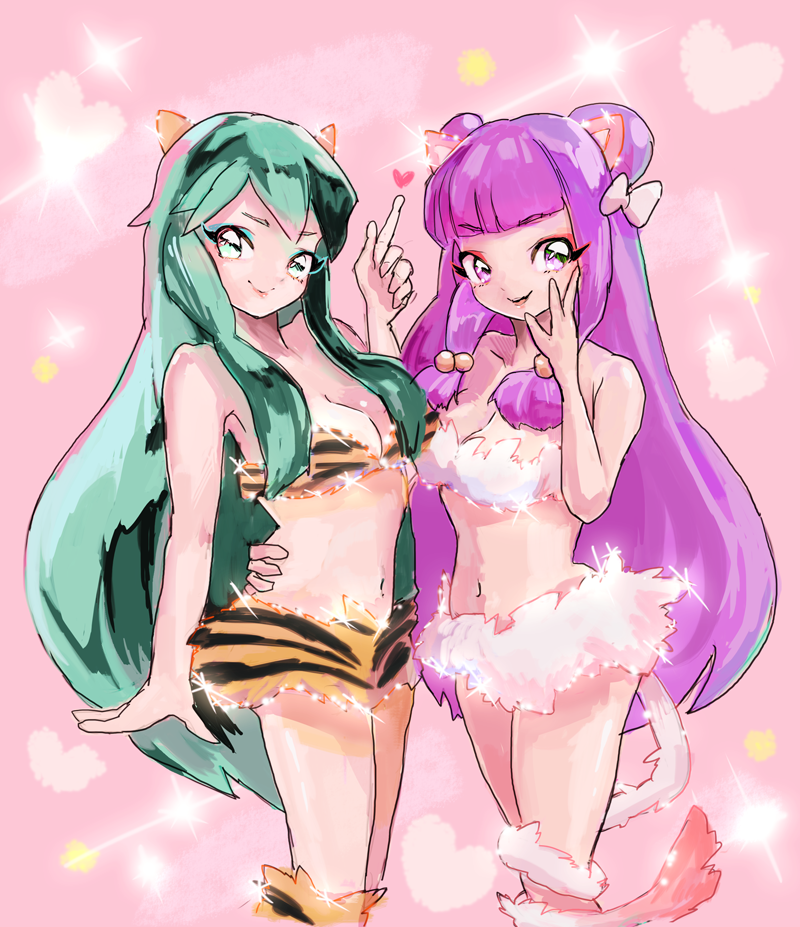 1girl, 2girls, animal_print, bikini, breasts, commentary_request, double_bun, fukuda_(okometani)