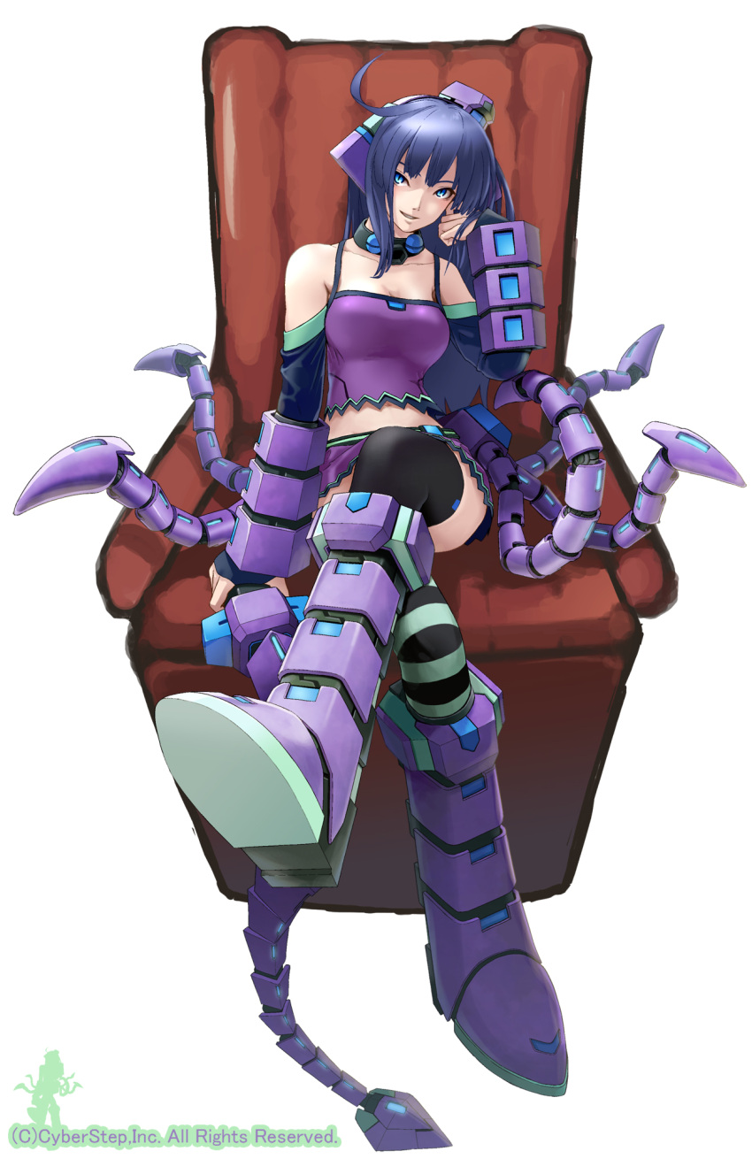 blue_eyes, chair, cosmic_break, crossed_legs, highres, jewelry, legs_crossed, mecha_musume, morizo_cs, necklace, purple_hair, sitting, sleeveless, solo, squidol_girl, tank_top, tentacle, tentacles, thigh-highs, thighhighs, whip, zettai_ryouiki