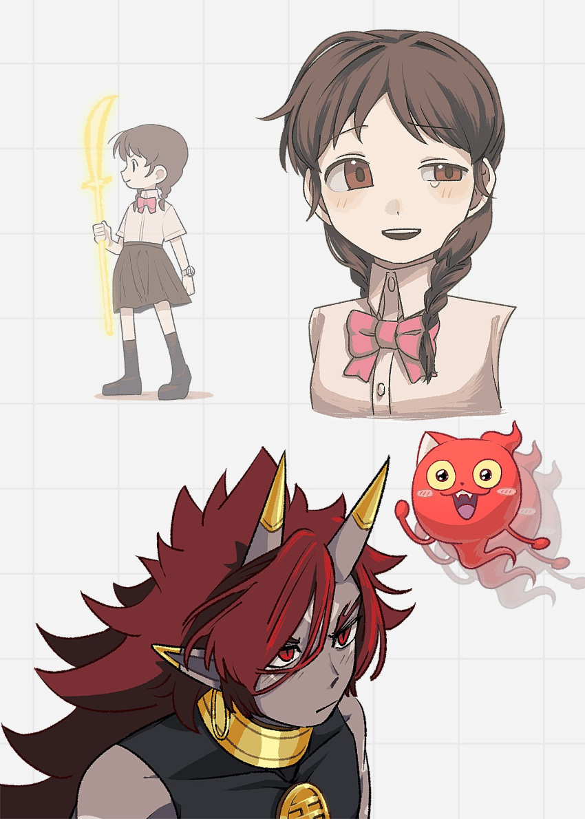 1boy, 1girl, amano_natsume, black_skirt, bow, bowtie, braid, brown_eyes