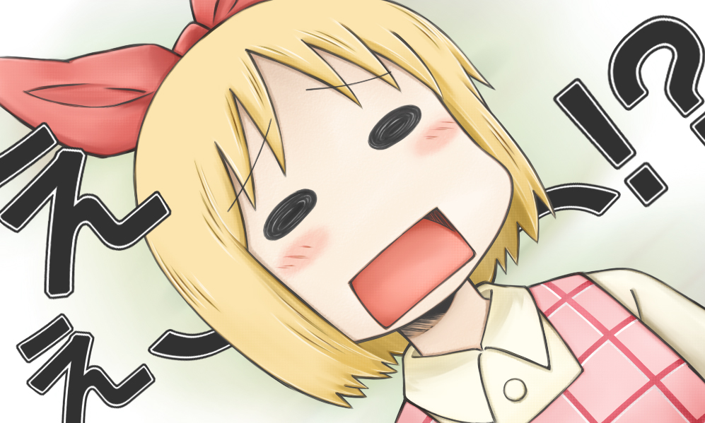 annaka_(nichijou), annaka_haruna, blonde_hair, blush_stickers, bow, casual, catchphrase, hair_bow