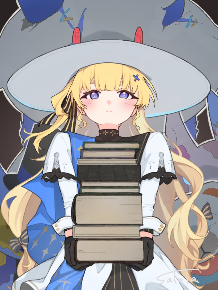 1girl, black_gloves, blonde_hair, blue_sash, blush, book, book_stack, closed_mouth