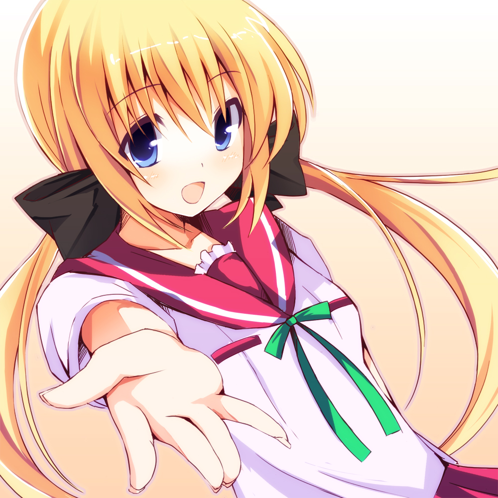 blonde_hair, blue_eyes, blush, bow, chiri_(atlanta), gradient, gradient_background, hair_bow