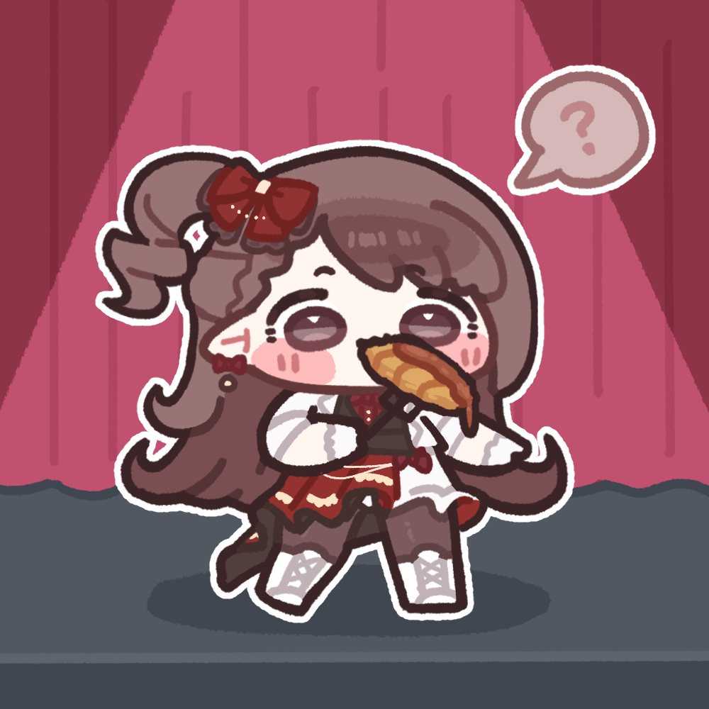 1girl, ?, blush_stickers, bow, brown_hair, chibi, commentary_request, curtains