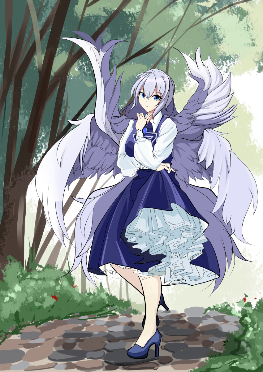 1girl, absurdres, angel, angel_wings, blue_dress, blue_eyes, brooch, chinese_commentary