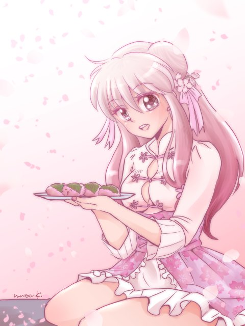 1girl, cherry_blossoms, chinese_clothes, double_bun, hair_bun, hanamutsuki, long_hair, pink_hair