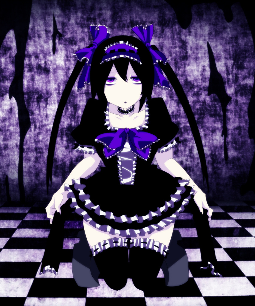 ako96, black_hair, black_legwear, bow, checkered, checkered_floor, choker, dress