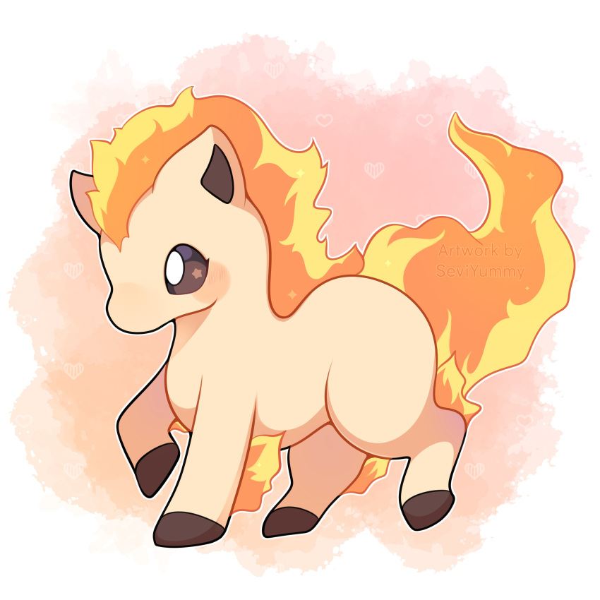 absurdres, animal_focus, blush, brown_eyes, english_commentary, fire, full_body, highres, horse, no_humans, pokemon, pokemon_(creature), pokemon_focus, ponyta, sevi_(seviyummy), solo, standing