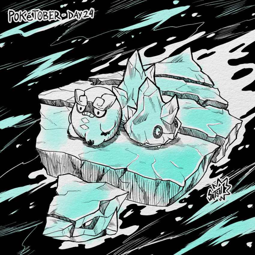 artist_name, avalugg, bergmite, blue_theme, closed_mouth, english_text, galarian_darumaka, highres