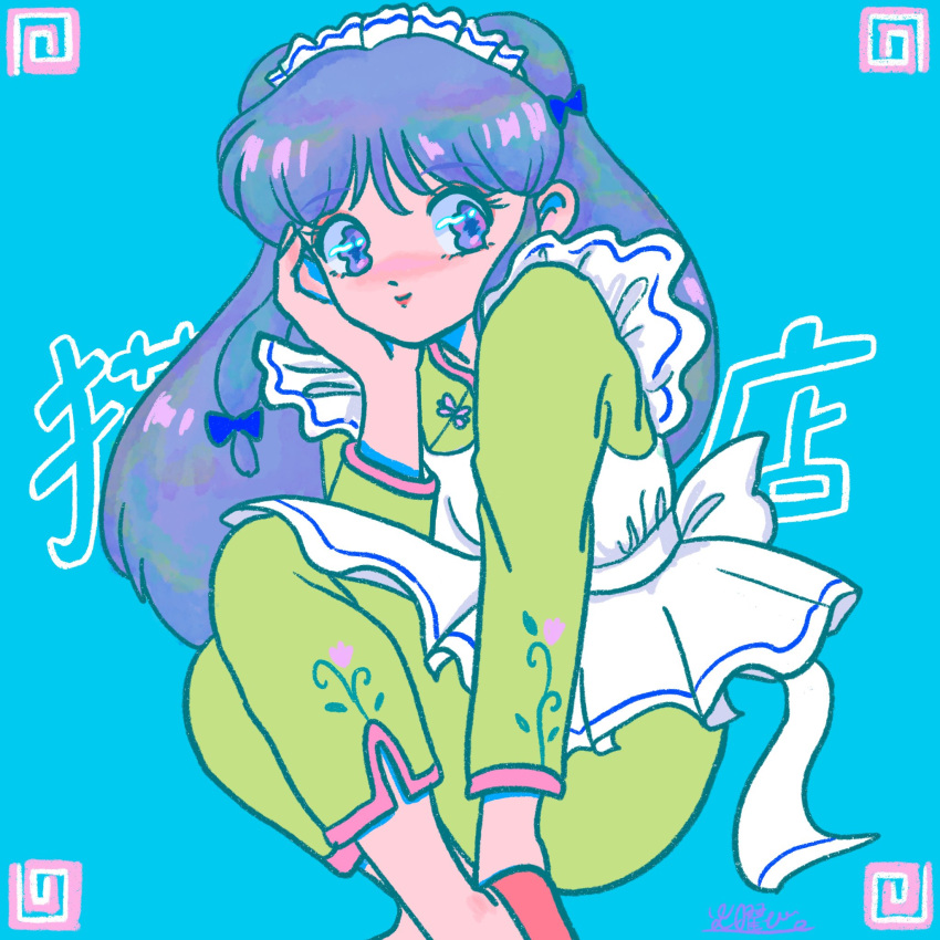 1girl, apron, blue_background, chinese_clothes, double_bun, hair_bun, highres, long_hair, purple_hair, ranma_1/2, shampoo_(ranma_1/2), sidelocks, tues0929day