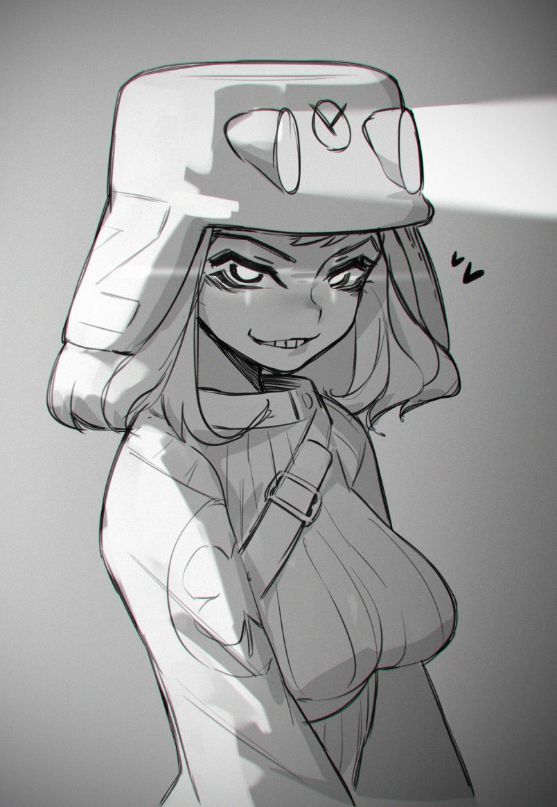 1girl, artist_request, breasts, buhanka-chan, combat_helmet, grin, helmet, leather_strap