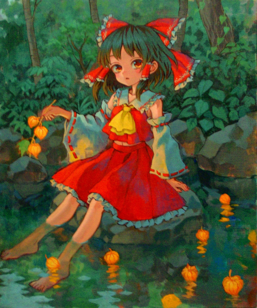 acrylic_paint_(medium), ama-tou, ascot, barefoot, black_hair, bow, chinese_lantern, detached_sleeves