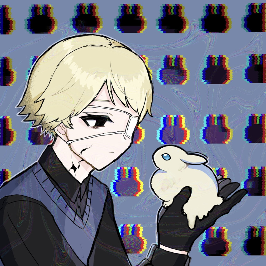 1boy, animal, black_eyes, black_gloves, black_shirt, blonde_hair, blue_sweater_vest, collared_shirt, commentary, cracked_skin, dress_shirt, eyepatch, from_side, glitch, gloves, griffin_stewart, highres, holding, holding_animal, holding_rabbit, looking_at_animal, melting, om0_de, oshi_no_taisetsuna_hito_ni_narikawaru, rabbit, shirt, short_hair, solo, sweater_vest, swept_bangs, untranslatable_commentary, yellow_rabbit_(animal)