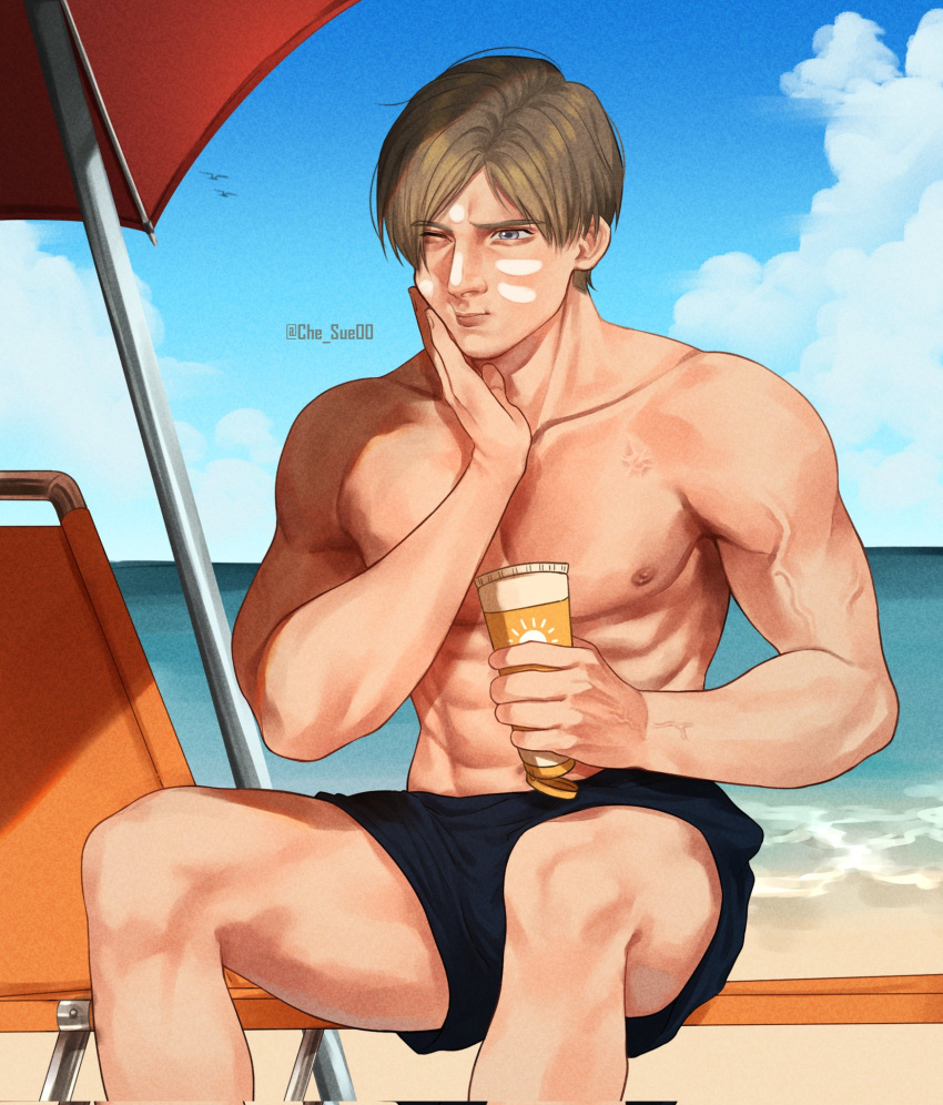 1boy, abs, applying_sunscreen, beach, black_male_swimwear, blonde_hair, blue_eyes, chair, che_sue00, closed_mouth, clouds, collarbone, corrupted_twitter_file, feet_out_of_frame, highres, holding, holding_sunscreen, leon_s._kennedy, lounge_chair, male_focus, male_swimwear, nipples, ocean, on_chair, one_eye_closed, outdoors, parted_hair, pectorals, resident_evil, sitting, solo, topless_male, twitter_username, veins, veiny_arms, water