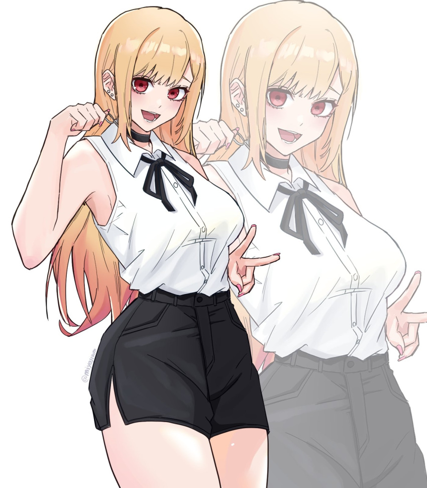1girl, black_choker, black_shorts, blonde_hair, breasts, chainsaw_man, choker, commentary