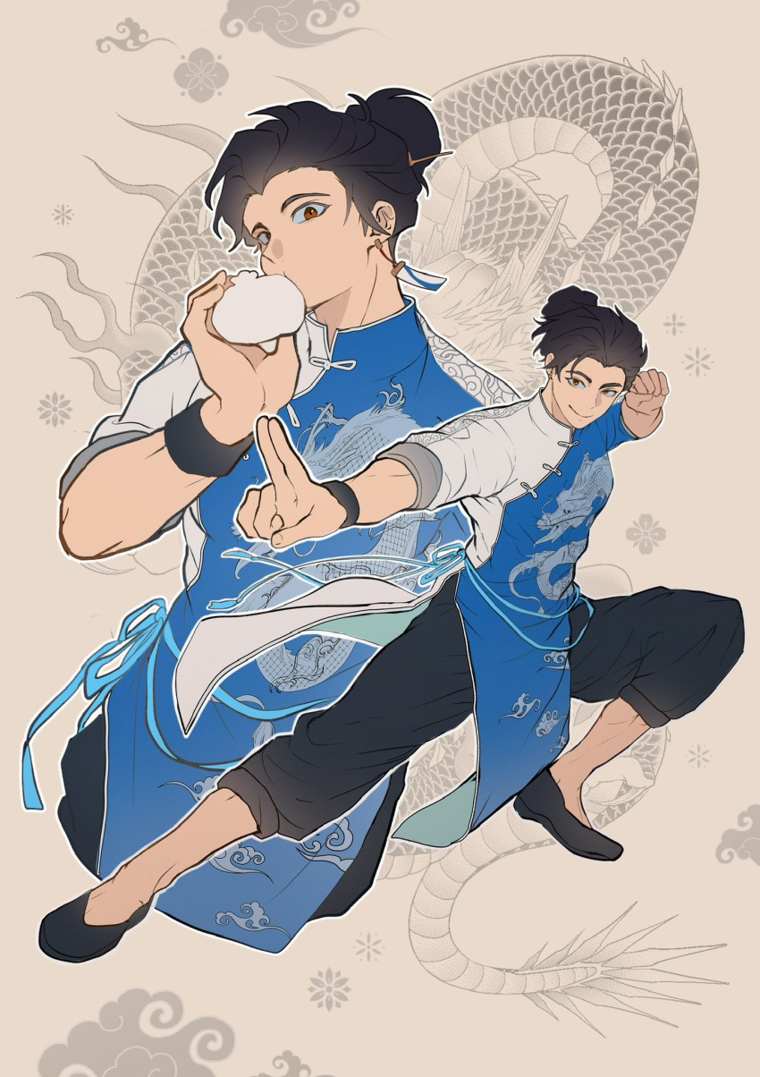 1boy, black_hair, black_pants, black_shoes, blue_tank_top, bodysuit, brown_eyes, china_dress