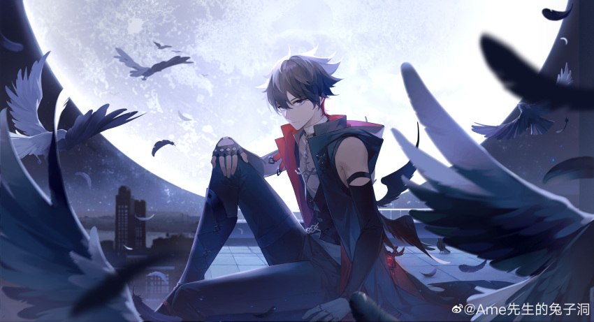 1boy, absurdres, amenohi, arm_strap, arm_warmers, belt, bird, black_arm_warmers, black_belt, black_boots, black_coat, black_feathers, black_gloves, black_hair, black_vest, black_wings, blurry, boots, building, chinese_commentary, coat, coattails, colored_inner_hair, depth_of_field, expressionless, feathered_wings, feathers, feet_out_of_frame, fingerless_gloves, foot_dangle, forever_7th_capital, full_moon, glint, gloves, gradient_coat, grey_eyes, grey_pants, hair_between_eyes, hand_on_own_knee, high_up, highres, holding, holding_sword, holding_weapon, jewelry, knee_boots, long_sleeves, looking_at_viewer, male_focus, mini_wings, moon, multicolored_hair, multiple_rings, night, official_art, open_clothes, open_coat, outdoors, pants, pendant, red_coat, red_hair, ring, rujiu_(forever_7th_capital), shirt, short_hair, sidelighting, single_glove, sitting, skyscraper, sleeveless, sleeveless_coat, sleeveless_shirt, solo, standing, standing_on_one_leg, star-shaped_pupils, star_(symbol), sword, symbol-shaped_pupils, tailcoat, thigh_strap, two-sided_coat, two-sided_fabric, two-tone_hair, vest, watermark, weapon, weibo_watermark, white_shirt, wings
