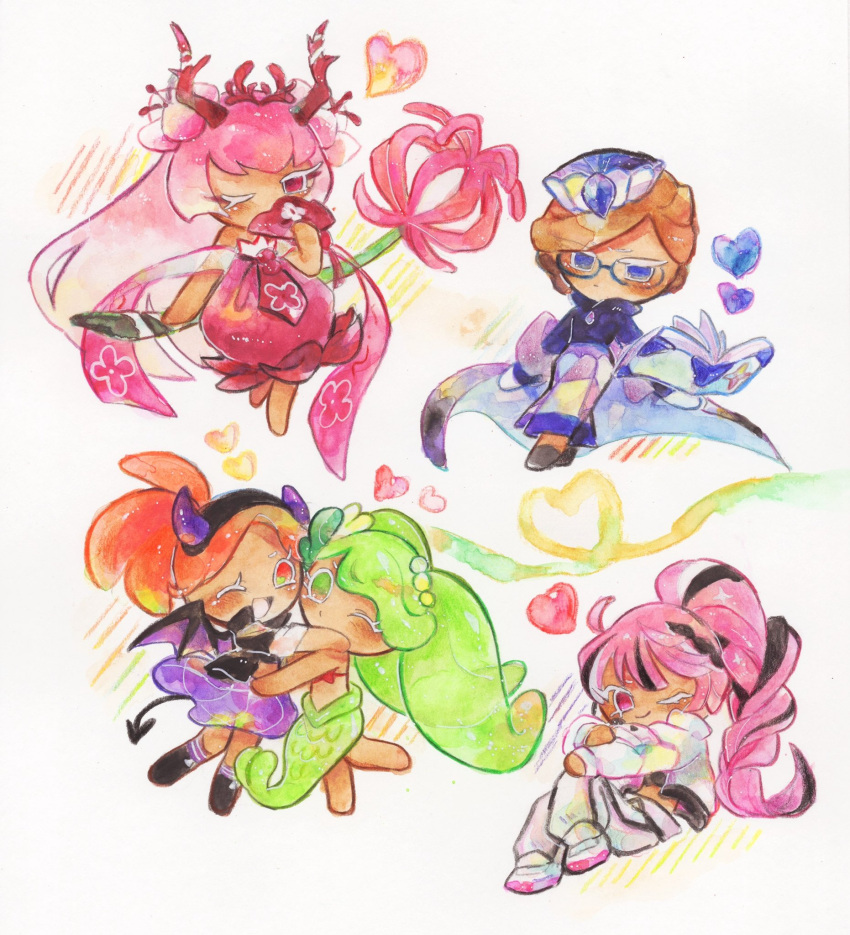 alternate_costume, blueberry_pie_cookie, blueberry_pie_cookie_(glass_atrium_respite), blush, braid, braided_ponytail, cherry_blossom_cookie, cherry_blossom_cookie_(red_equinox)