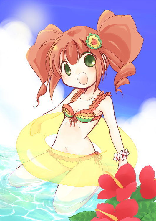 bikini, brown_hair, eru_(fuerisuto), flower, frilled_bikini, frills, green_eyes, hibiscus