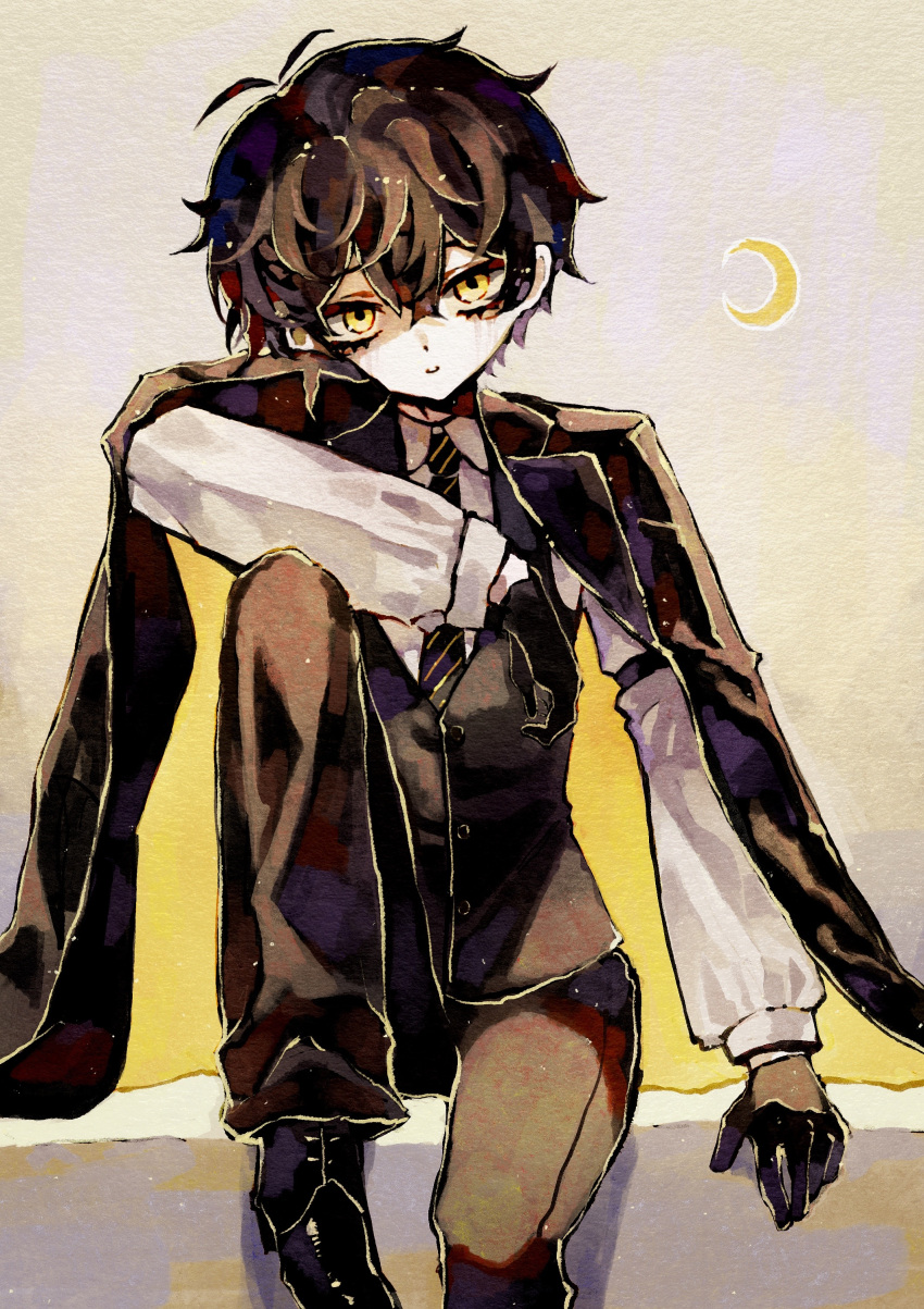 1boy, absurdres, antenna_hair, arm_garter, arm_rest, asterfield_(meiar), black_gloves, black_hair